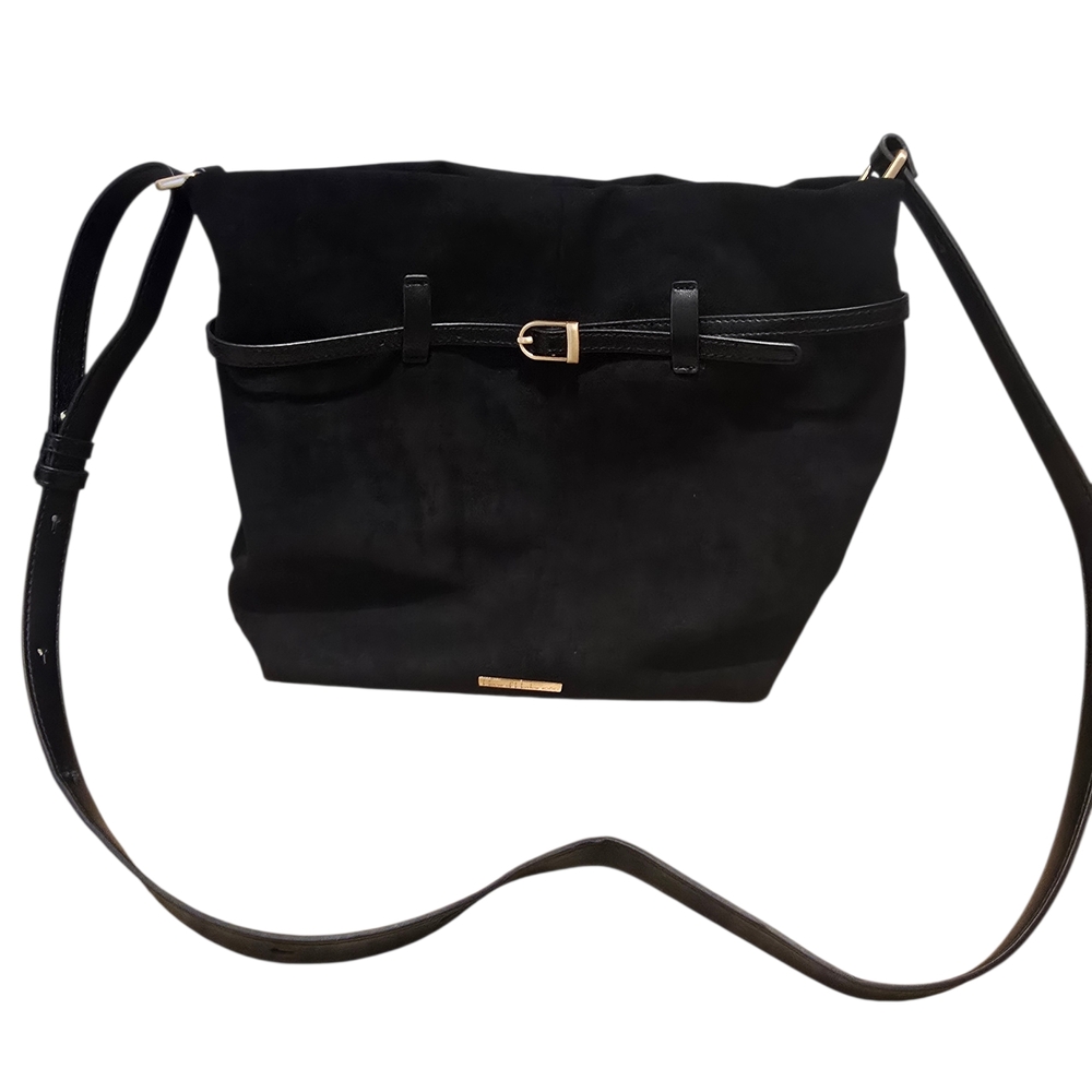 House of Harlow 1960 Black Vegan Suede Shoulder Bag with Gold Accents